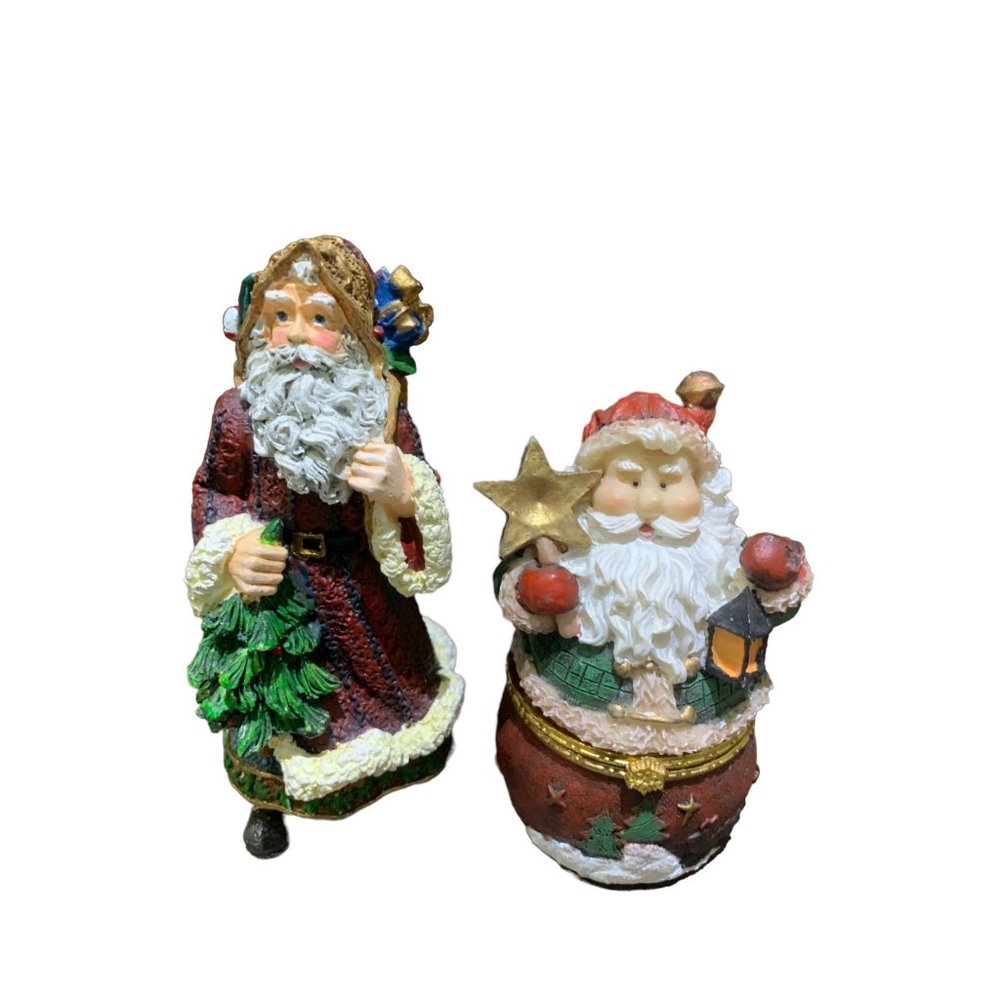 Vintage lot of  2 Resin Santa Christmas figurine & Hinged Jewelry Trinket Box